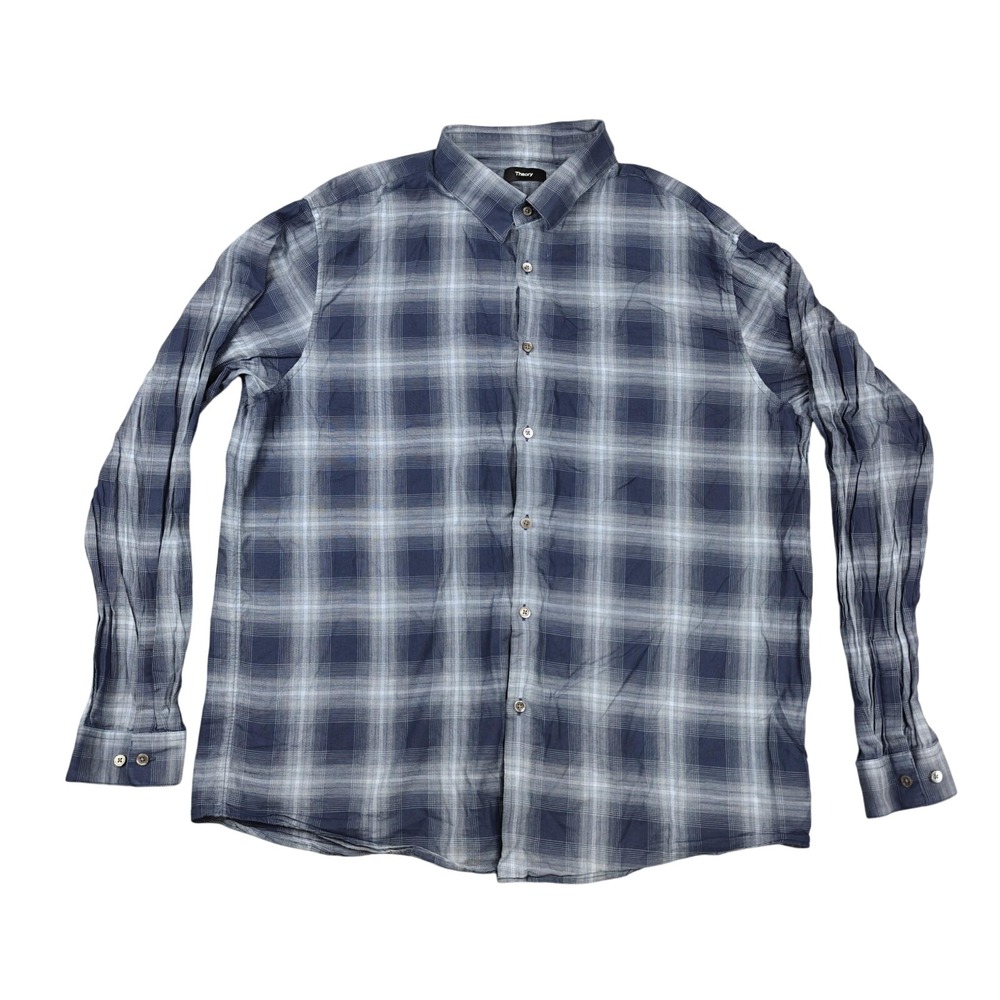 Theory Shirt Mens 2XL Blue Plaid Cotton Flannel Long‎ Sleeve Button Up Casual